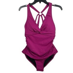 CALVIN KLEIN NEW  $118 TWIST PLUNGE ONE-PIECE SWIMSUIT IN‎ BOYSENBERRY 10 M